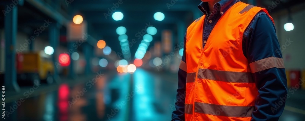 Fototapeta premium Bright neon orange construction vest, reflective stripes , contractor, project