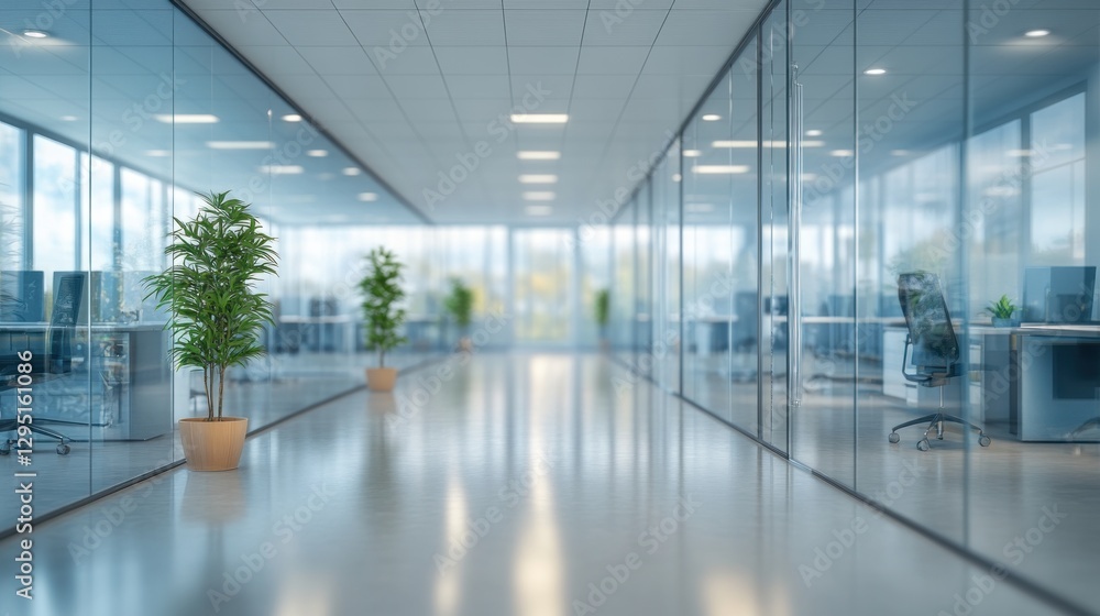 Modern office hallway with glass walls, empty desks, and potted plants. Modern office hallway with glass walls, empty desks, and potted plants.