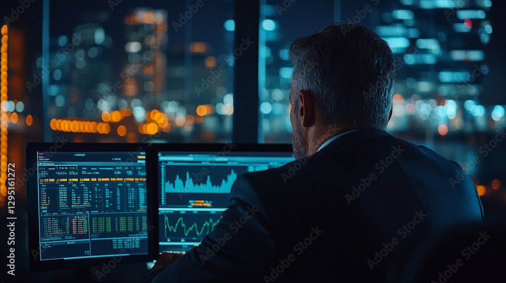 Businessman analyzing financial data on computer screens at night in modern office work city dark Businessman analyzing financial data on computer screens at night in modern office work city dark