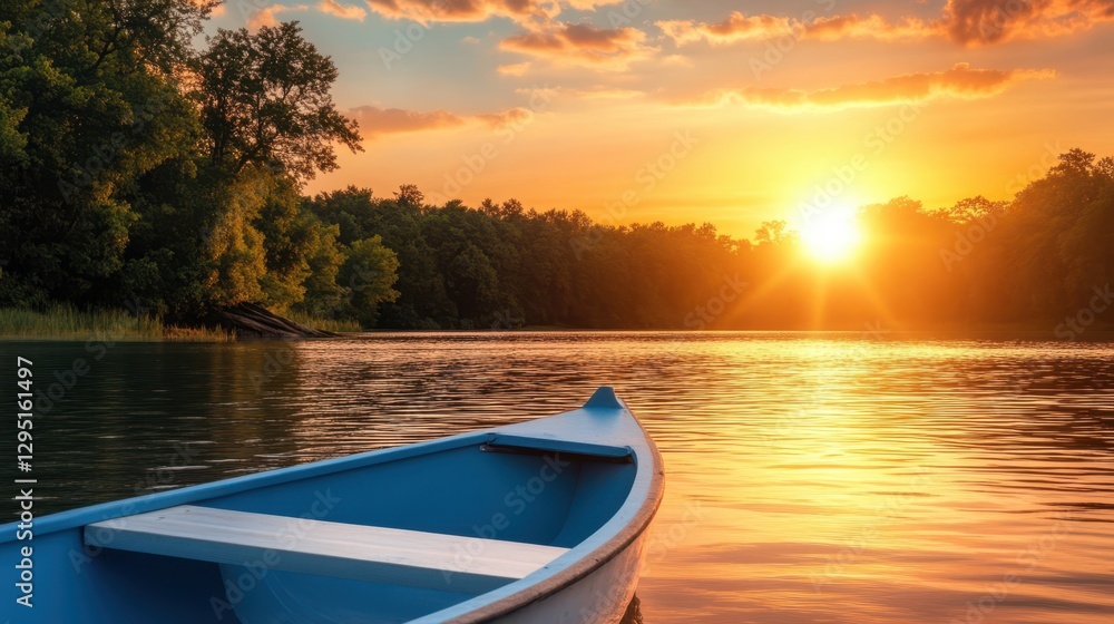 A serene boat rests on calm water, bathed in the warm hues of a sunset, creating a picturesque and tranquil scene. A serene boat rests on calm water, bathed in the warm hues of a sunset, creating a picturesque and tranquil scene.