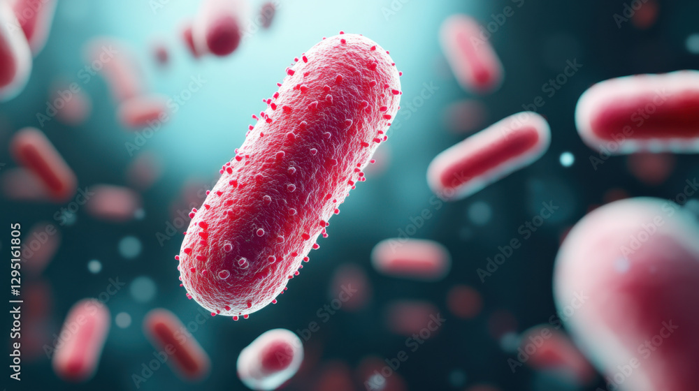 Microscopic view of deadly bacterium, showcasing its vibrant red structure and surrounding particles. This photorealistic image highlights intricate details of microbial life Microscopic view of deadly bacterium, showcasing its vibrant red structure and surrounding particles. This photorealistic image highlights intricate details of microbial life