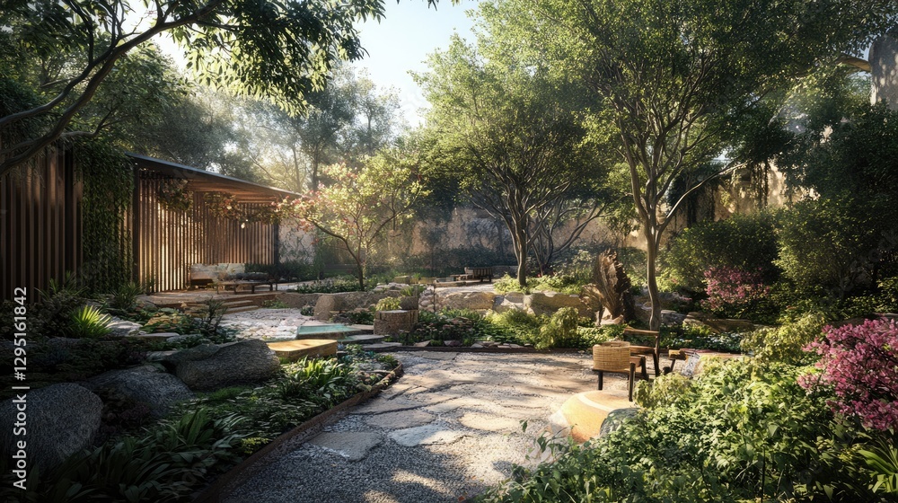 A backyard with climbing plants and vines growing around trees. A backyard with climbing plants and vines growing around trees.