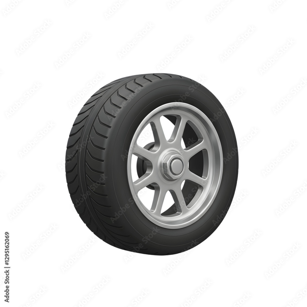 Modern Car Tire with Silver Alloy Wheel Design Isolated on Black Background 3D Auto Part Sport Clean Modern Car Tire with Silver Alloy Wheel Design Isolated on Black Background 3D Auto Part Sport Clean