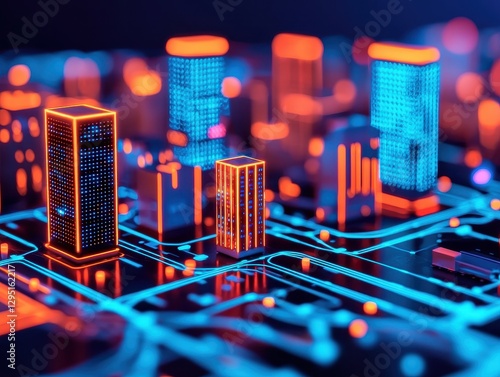 A futuristic cityscape with illuminated buildings and intricate circuit designs, blending technology and urban aesthetics.