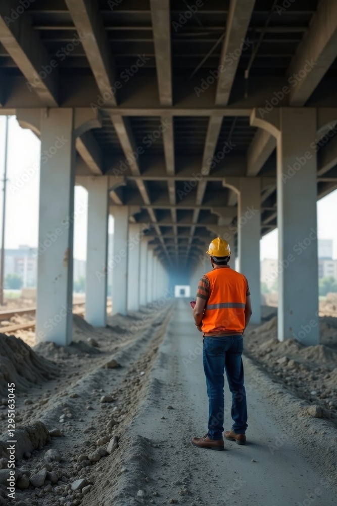 Construction worker inspecting underpass, beams visible, perspective, scrutiny Construction worker inspecting underpass, beams visible, perspective, scrutiny