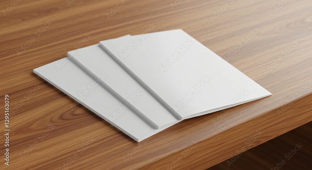 Fototapeta premium Three blank brochures on wooden table, clean and professional mockup.
