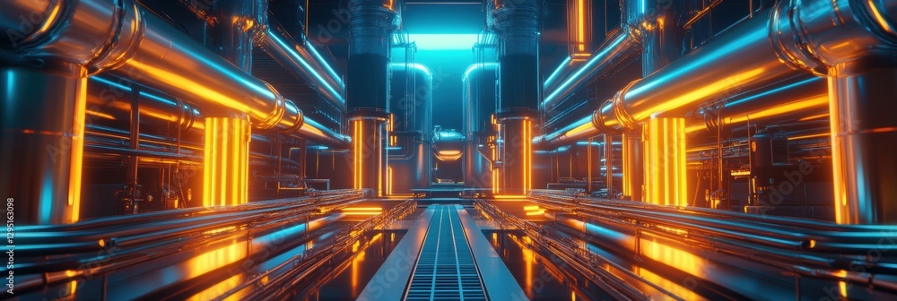Fototapeta premium Futuristic gas power plant with glowing neon pipelines in a high tech environment at night. Generative AI