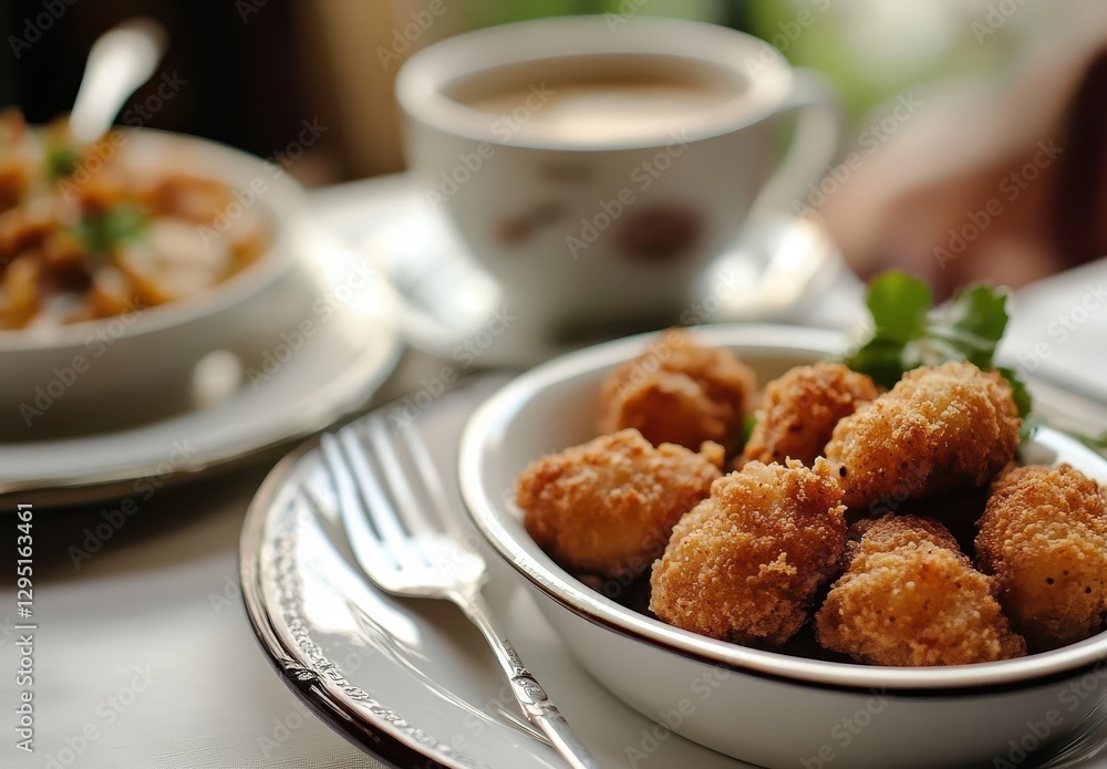 Crispy Golden Fried Snacks Served with Coffee and Delicious Side Dish in Cozy Café Setting in Natural Light Crispy Golden Fried Snacks Served with Coffee and Delicious Side Dish in Cozy Café Setting in Natural Light