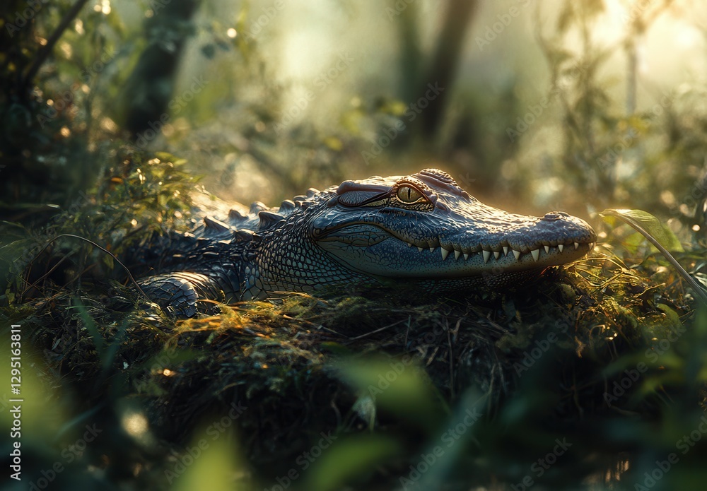 Fototapeta premium Crocodile Lying in Mossy Forest Underneath Soft Natural Light with Blurred Background in a Lush Green Environment