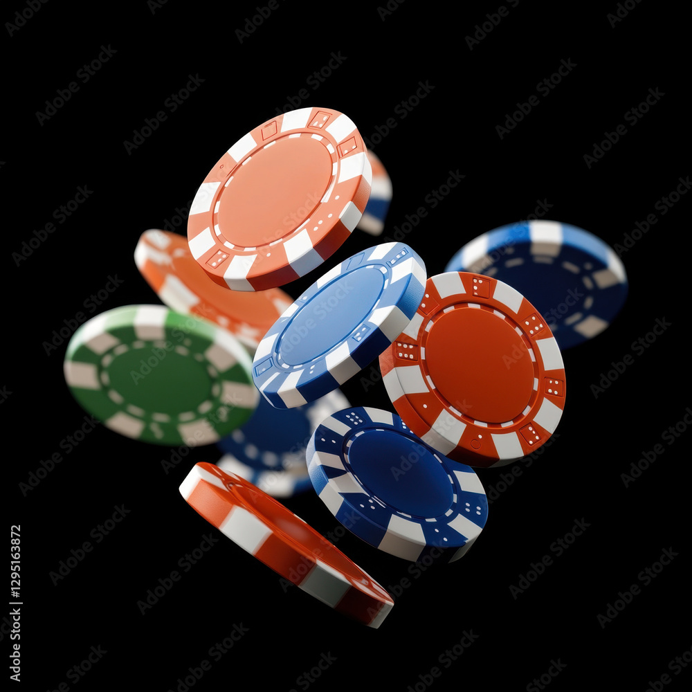 Falling poker chips in various colors create dynamic and exciting scene, showcasing red, blue, green, and white chips in mid air against black background Falling poker chips in various colors create dynamic and exciting scene, showcasing red, blue, green, and white chips in mid air against black background