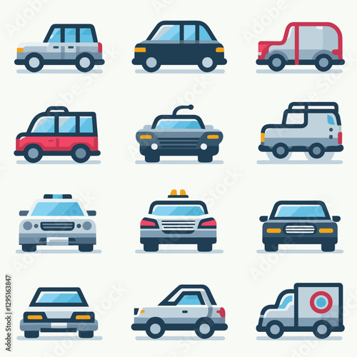 A bundle of car icons in a simple, minimalist, and modern flat design style. This set includes various car models and vehicle types, ideal for applications, websites, infographics, and creative projec