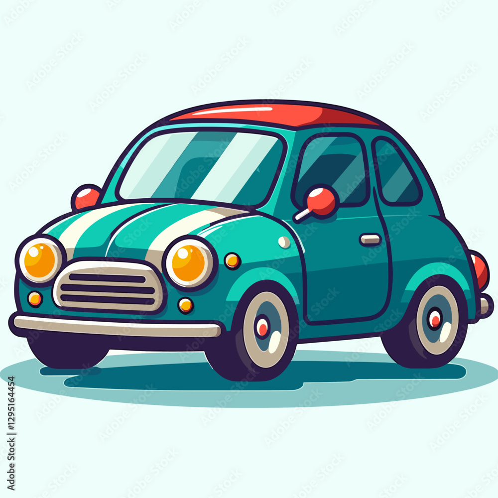 Fototapeta premium Cartoon style illustration of a vintage compact car with a red roof and vibrant turquoise body, suitable for children's books and educational resources.
