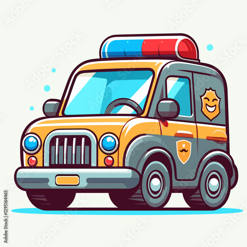 Cheerful cartoon police car illustration with bold outlines and bright colors. Suitable for children's books, educational materials, and playful design projects.
