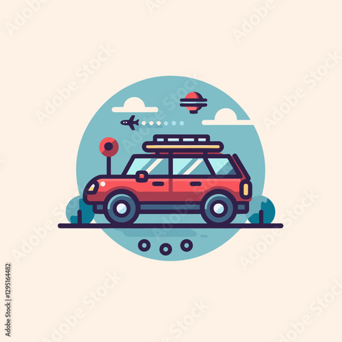 Vector illustration of a red SUV car equipped for an outdoor adventure under a cloudy sky, ideal for travel advertisements and promotional materials