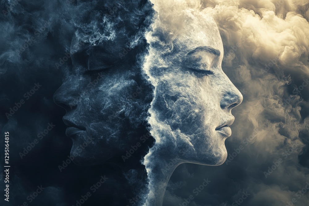 Ethereal Portrait of Two Faces Merging with Dark and Light Smoke Effects Ethereal Portrait of Two Faces Merging with Dark and Light Smoke Effects