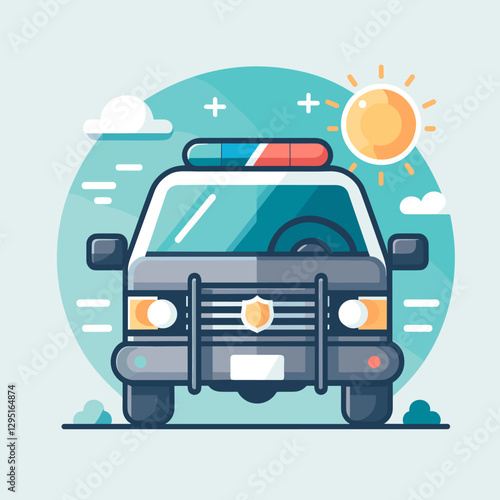 Cartoon police car illustration featuring a front view with a badge. Suitable for children's books, educational materials, or website graphics related to law enforcement.
