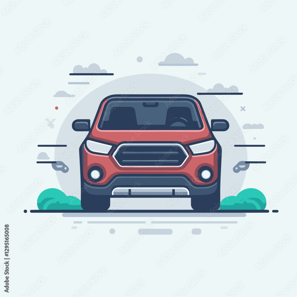 Fototapeta premium Red vehicle illustration showcasing a modern car design with stylized elements, perfect for automotive blogs, transportation graphics, or advertising visuals.