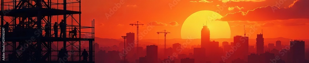 Naklejka premium Silhouetted figures on high scaffolding, fiery sunset backdrop, gold, elevated