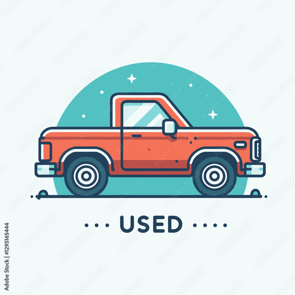 Obraz premium Nostalgic orange pickup truck illustration with classic design, isolated on a teal background, perfect for automotive themed projects or vintage vehicle designs.