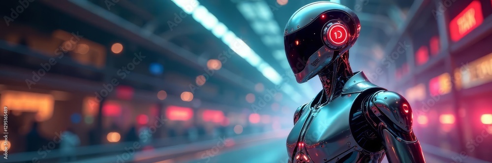 Sleek chrome robot, dynamic pose, futuristic track , futuristic sport, precision, nano-technology Sleek chrome robot, dynamic pose, futuristic track , futuristic sport, precision, nano-technology
