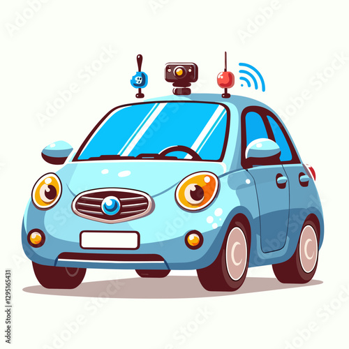 Cartoon style illustration of a self-driving car with sensors and antennas, suitable for children's educational materials or technology-related content