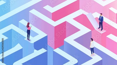Isometric illustration of people navigating a complex maze, symbolizing challenges and problem-solving in business.