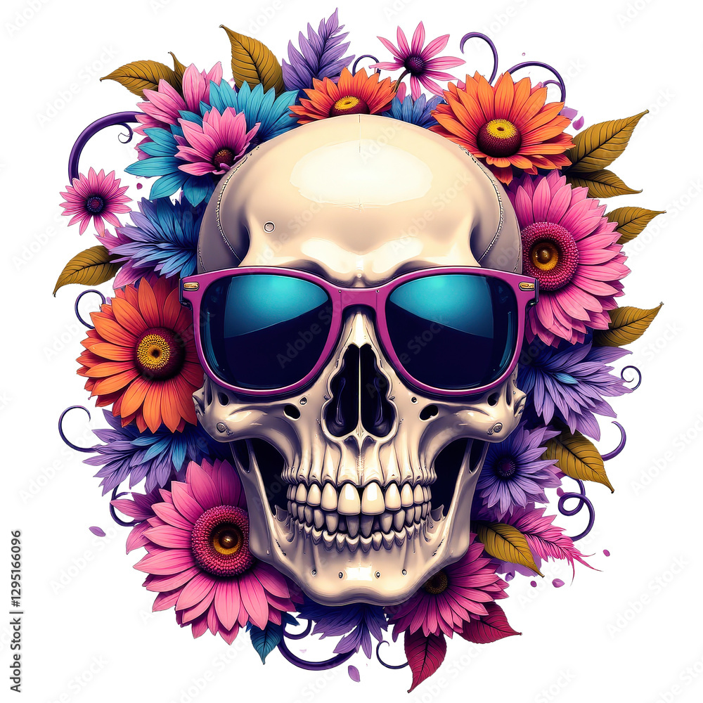 Fototapeta premium Skull with Flowers and Sunglasses, transparent background