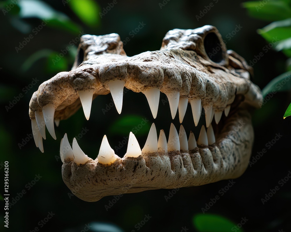 Detailed close-up of a crocodile head with sharp teeth and green foliage in the background showcasing nature's fierce predator and its unique features Detailed close-up of a crocodile head with sharp teeth and green foliage in the background showcasing nature's fierce predator and its unique features