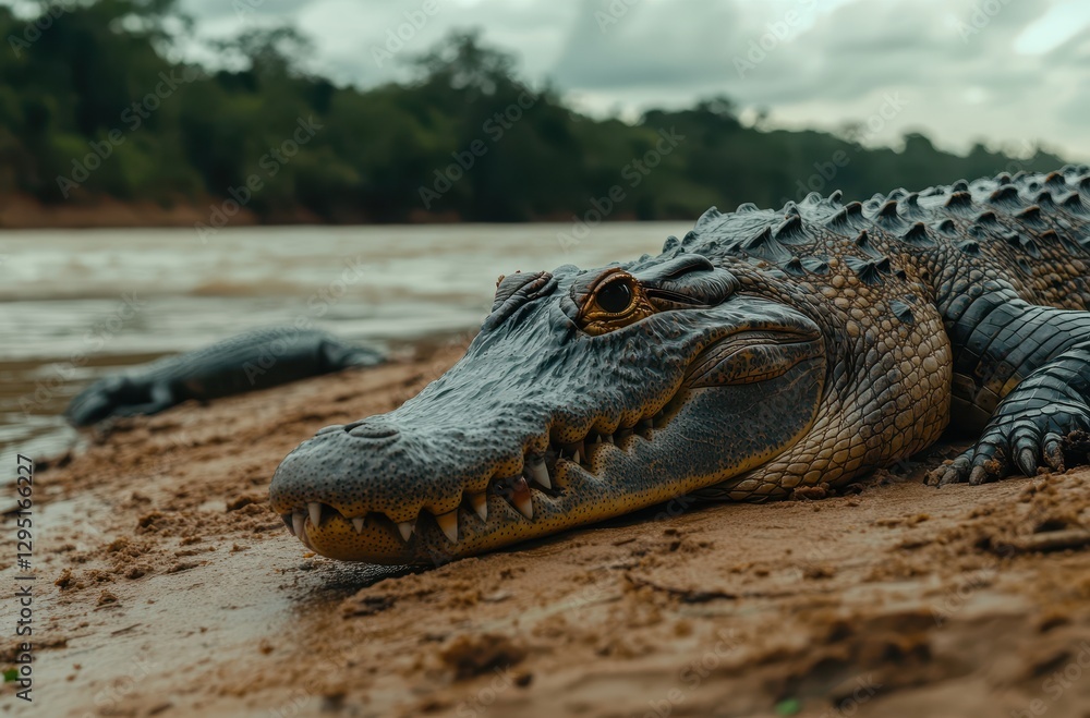 Detailed Close-Up of a Crocodile Lying on the Riverbank Surrounded by Lush Greenery Revealing Unique Textures and Features of Its Scaled Skin Detailed Close-Up of a Crocodile Lying on the Riverbank Surrounded by Lush Greenery Revealing Unique Textures and Features of Its Scaled Skin