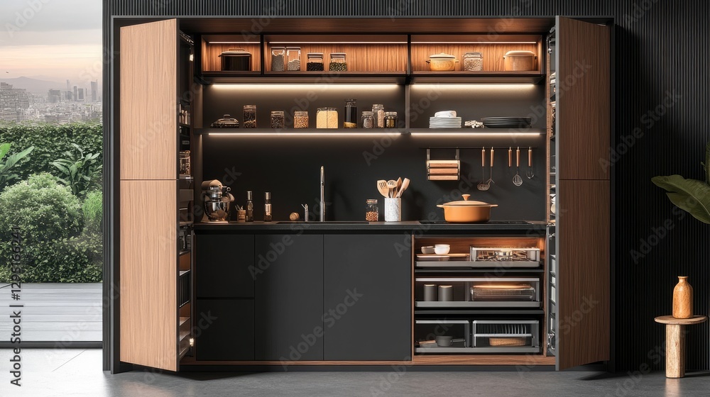 A compact yet elegant kitchen with smart storage for cookware and utensils. A compact yet elegant kitchen with smart storage for cookware and utensils.