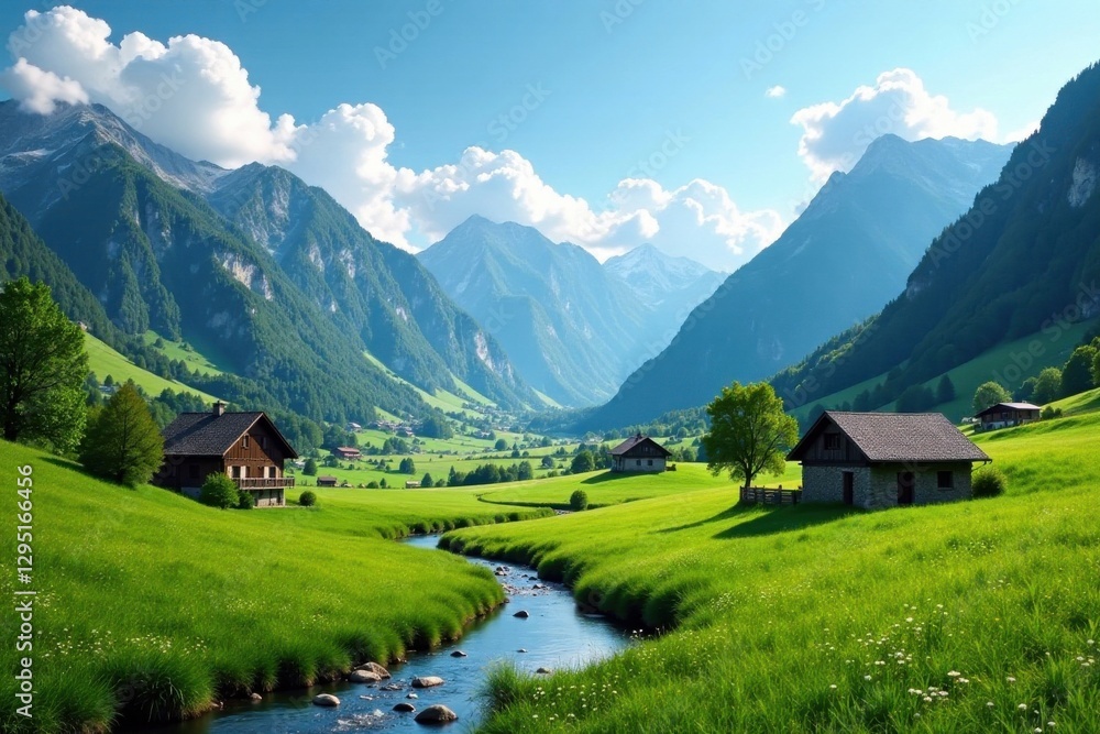 Fototapeta premium Serene Valley Vista Picturesque Cottages Nestled Amongst Lush Green Meadows and Majestic Mountains under a Bright Sunny Sky