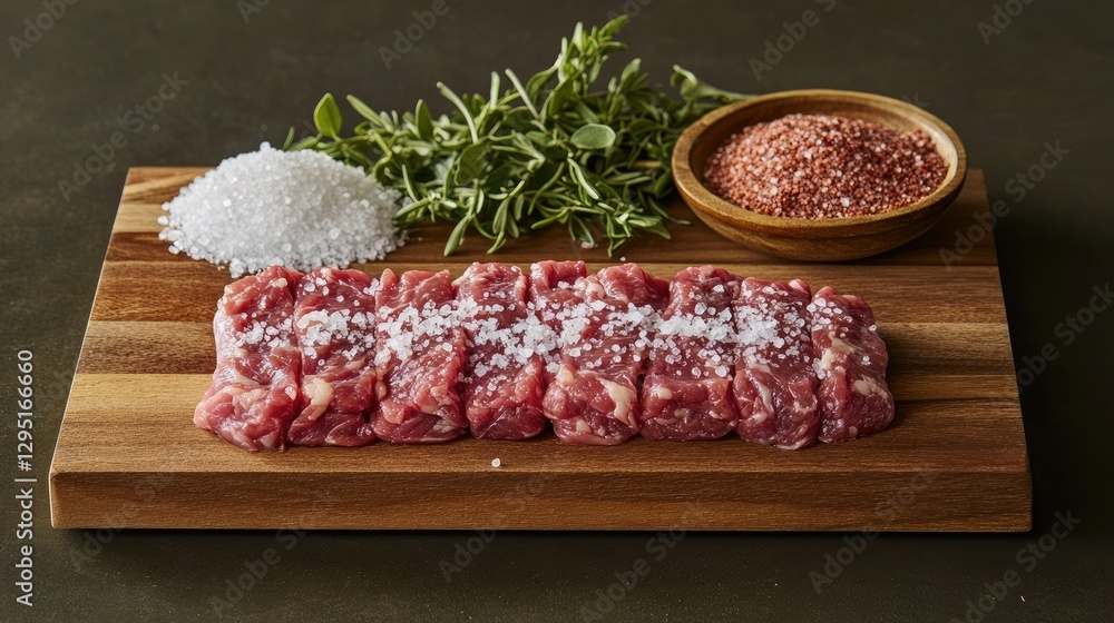 A butcher board with premium cuts of raw meat, coarse salt, and fragrant herbs for a rustic feel. A butcher board with premium cuts of raw meat, coarse salt, and fragrant herbs for a rustic feel.