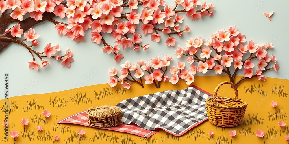 Fototapeta premium A charming picnic scene under blooming pink cherry blossom branches with a checkered blanket and wicker basket on a yellow field.