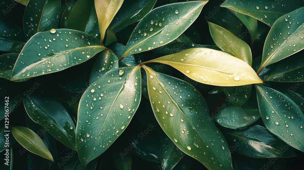 Fototapeta premium Vibrant Green Leaves with Water Droplets Captured in a Serene Natural Setting Highlighting Freshness and Tranquility