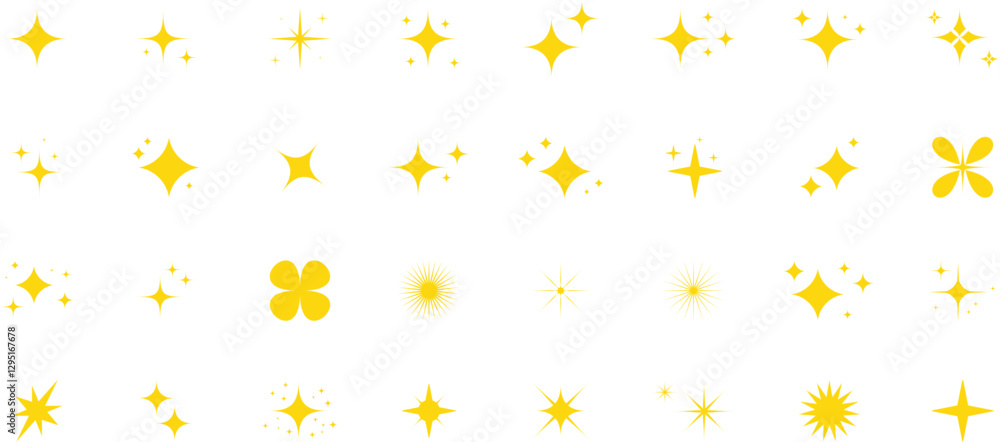 Set of sparkle icons. Different yellow sparkles symbol on white background. Star shapes collection. Sparkling stars icon Set of sparkle icons. Different yellow sparkles symbol on white background. Star shapes collection. Sparkling stars icon