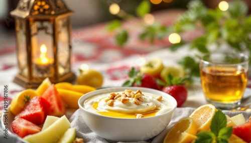 Healthy Iftar Dishes: Greek Yogurt, Fruits, and Warm Drinks