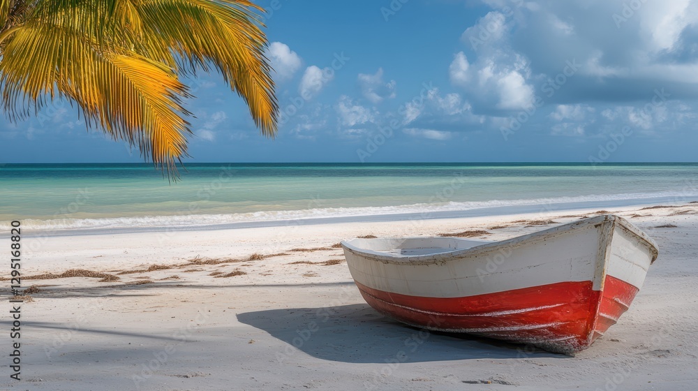 A serene beach scene featuring a boat resting on the sand, shaded by a lush palm tree, embodying relaxation and coastal beauty. A serene beach scene featuring a boat resting on the sand, shaded by a lush palm tree, embodying relaxation and coastal beauty.