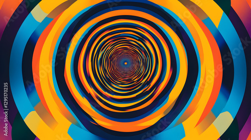 op art design with concentric rings of bright hues creating the illusion of a spinning, three-dimensional object 