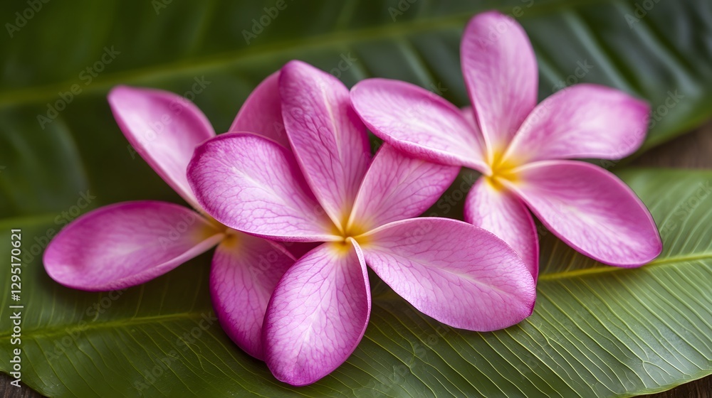 Obraz premium Closeup Pink Plumeria Flowers on Green Leaf Background