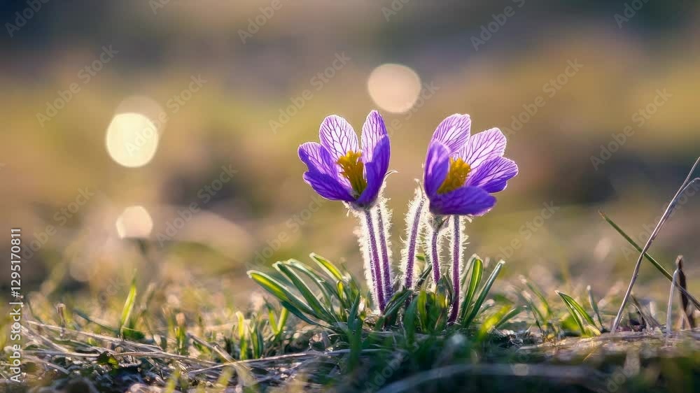 Close-up video of two purple flowers with a soft bokeh background, captured from a low angle, highlighting their delicate petals and vibrant colors. Live desktop wallpaper. Close-up video of two purple flowers with a soft bokeh background, captured from a low angle, highlighting their delicate petals and vibrant colors. Live desktop wallpaper.