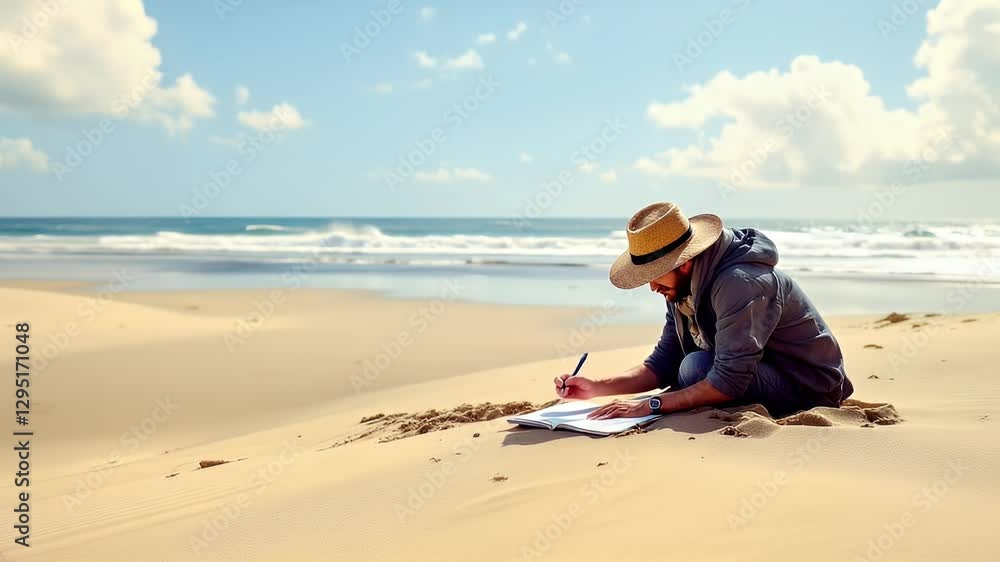 Coastal Writer's Inspiration: Man Writing on Sandy Beach Coastal Writer's Inspiration: Man Writing on Sandy Beach
