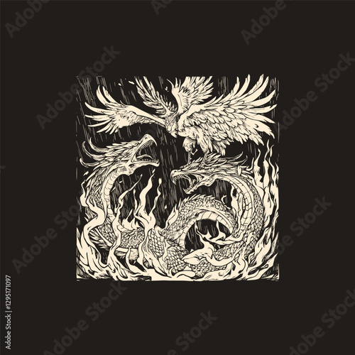 Scenery phoenix and hydra battle design vector template illustration