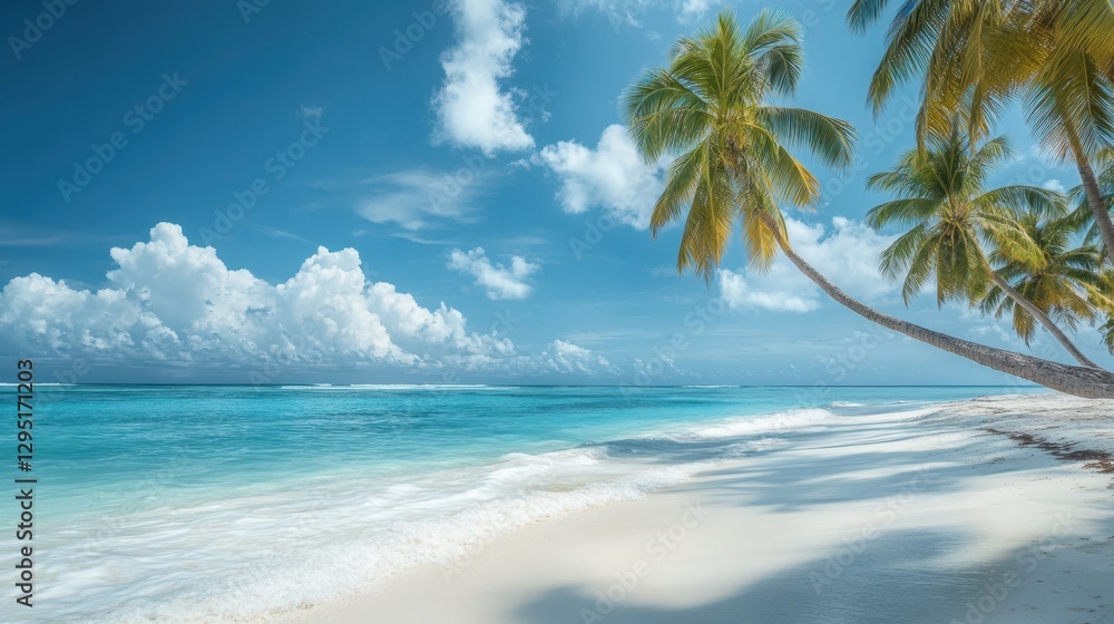 Fototapeta premium Lush palm trees line a serene beach with vibrant blue waters, creating a tropical paradise atmosphere under a clear sky.