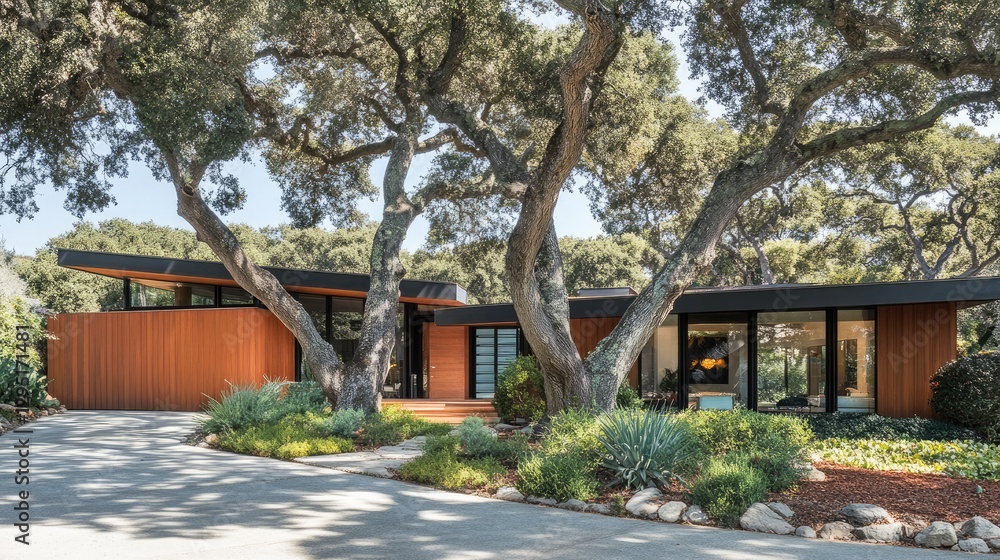 A modern home surrounded by lush, mature trees for natural shade. A modern home surrounded by lush, mature trees for natural shade.