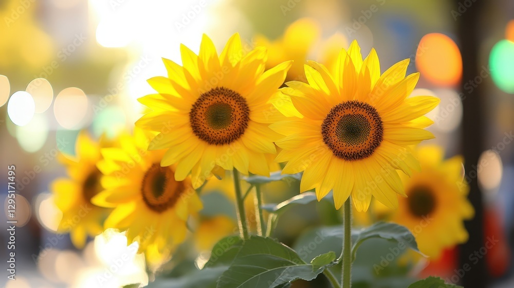 Fototapeta premium A vibrant vase filled with numerous yellow sunflowers placed decoratively on a bustling street captures the essence of summer and joy.
