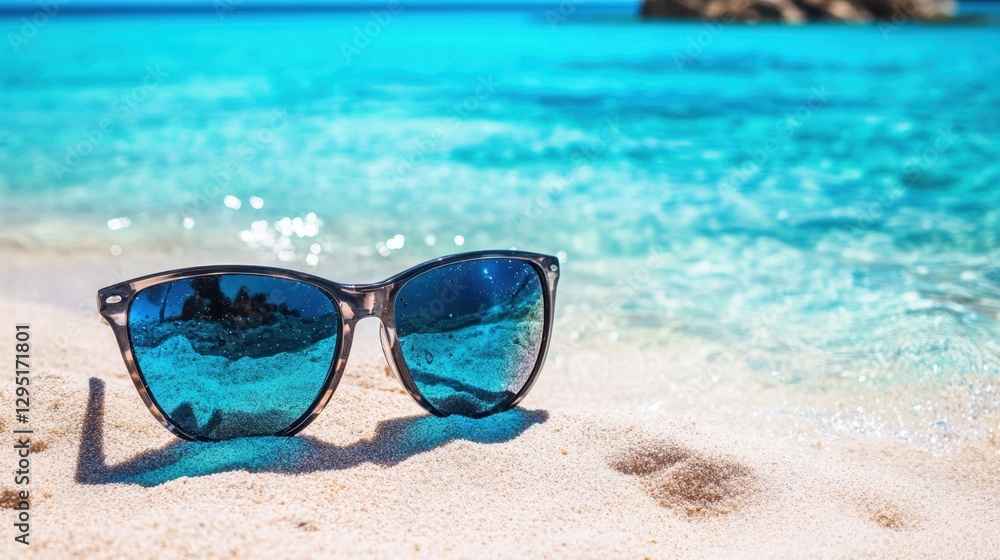 Stylish sunglasses rest on golden sand, with a vibrant blue ocean stretching into the horizon, capturing a perfect beach day atmosphere. Stylish sunglasses rest on golden sand, with a vibrant blue ocean stretching into the horizon, capturing a perfect beach day atmosphere.