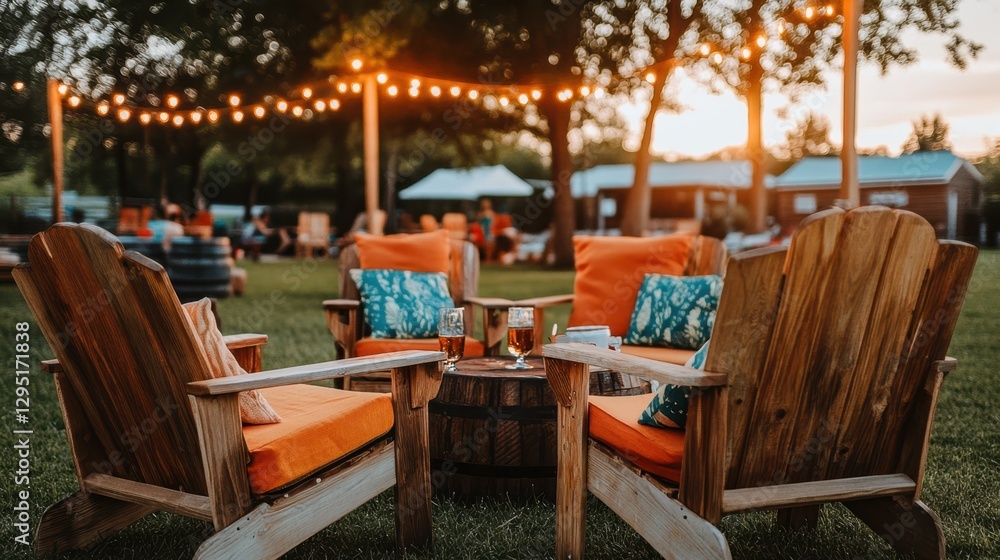 Two chairs are placed in a lush green grass setting, creating a serene and inviting outdoor space for relaxation or conversation. Two chairs are placed in a lush green grass setting, creating a serene and inviting outdoor space for relaxation or conversation.