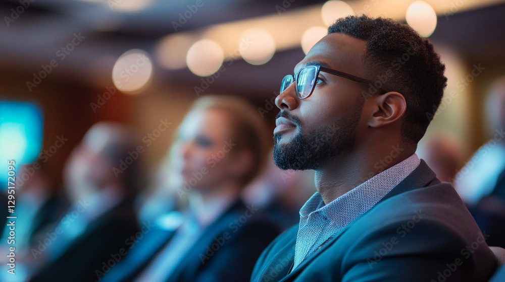Obraz premium Engaging audience member captivated by a speaker during a dynamic conference held in a modern venue