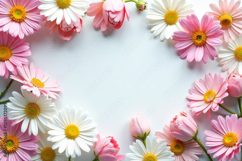 Delicate pastel daisies and tulips in ornate repeat, old-fashioned, spring Delicate pastel daisies and tulips in ornate repeat, old-fashioned, spring