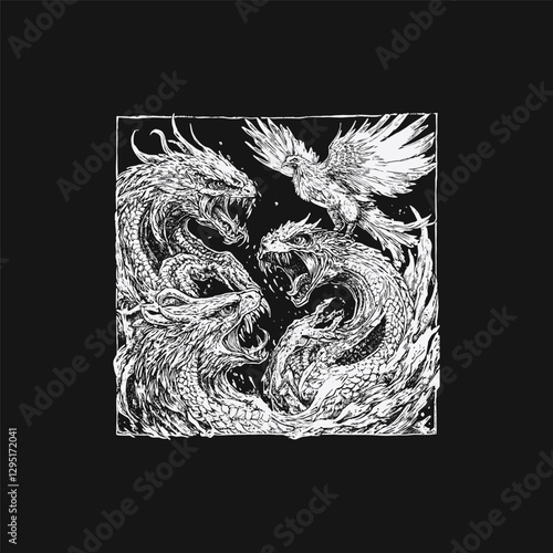 Scenery phoenix and hydra battle design vector template illustration